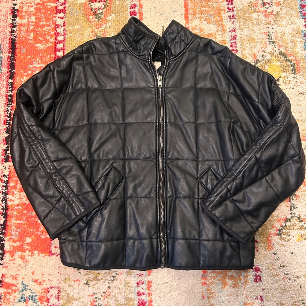 We The People Black Leather Quilted Puffer Jacket. Oversized fit. Size S